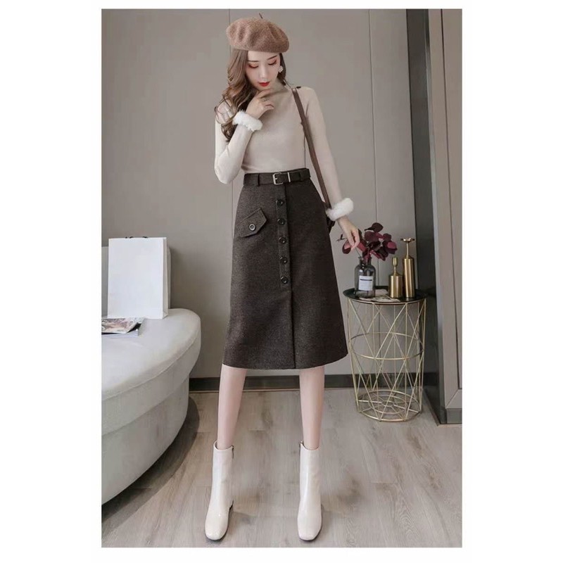 Chân váy dạ dáng dài khuy trước