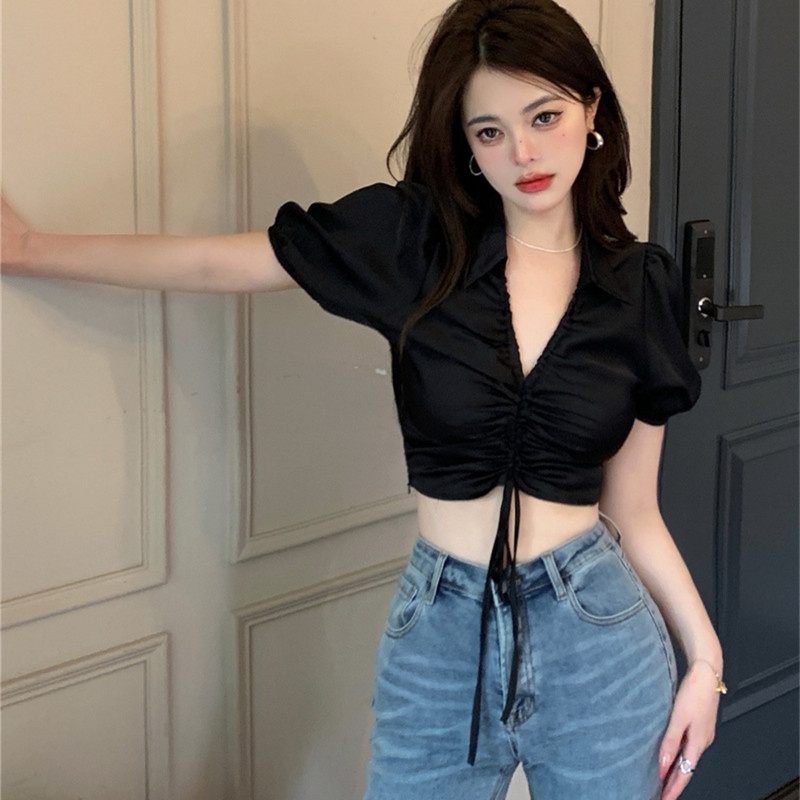 Áo Croptop Tay Ngắn Cổ POLO Thiết Kế Gợi Cảm Cho Nữ