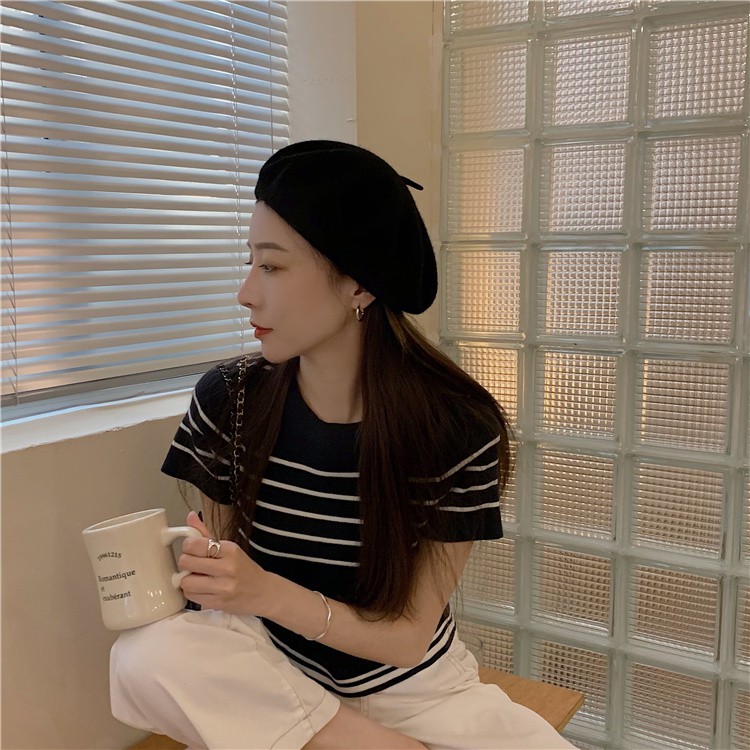 Xiaozhainv Áo Thun Dệt Kim Cổ Tròn Tay Ngắn Kẻ Sọc Kiểu Hàn Quốc 2 Màu Lựa Chọn Thời Trang Cho Nữ