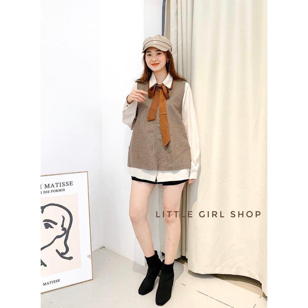 Set áo sơ mi nude thắt nơ nâu cổ phối ghile dạ xám