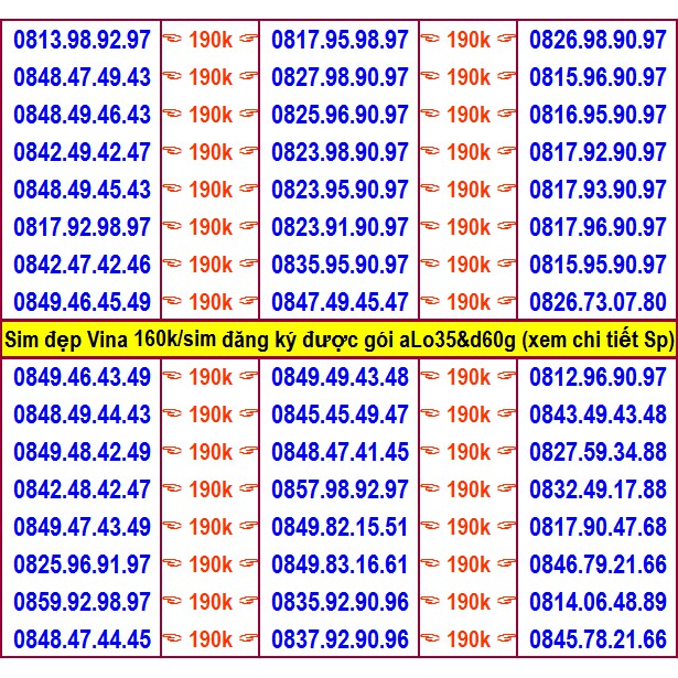 Sim đẹp Vina Chỉ 190k Được GÓI ALO35 & D60g Trả trước Số đẹp dễ nhớ số đảo, số lặp, cặp,phong thủy .., (xem chi tiết Sp)