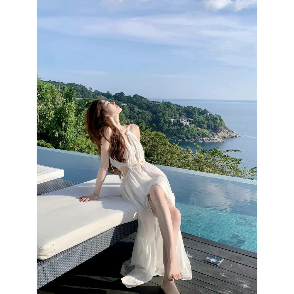 Lalisas Đầm Dài Không Tay Khoét Lỗ Màu Trắng Quyến Rũ Thời Trang Đi Biển Cho Nữ