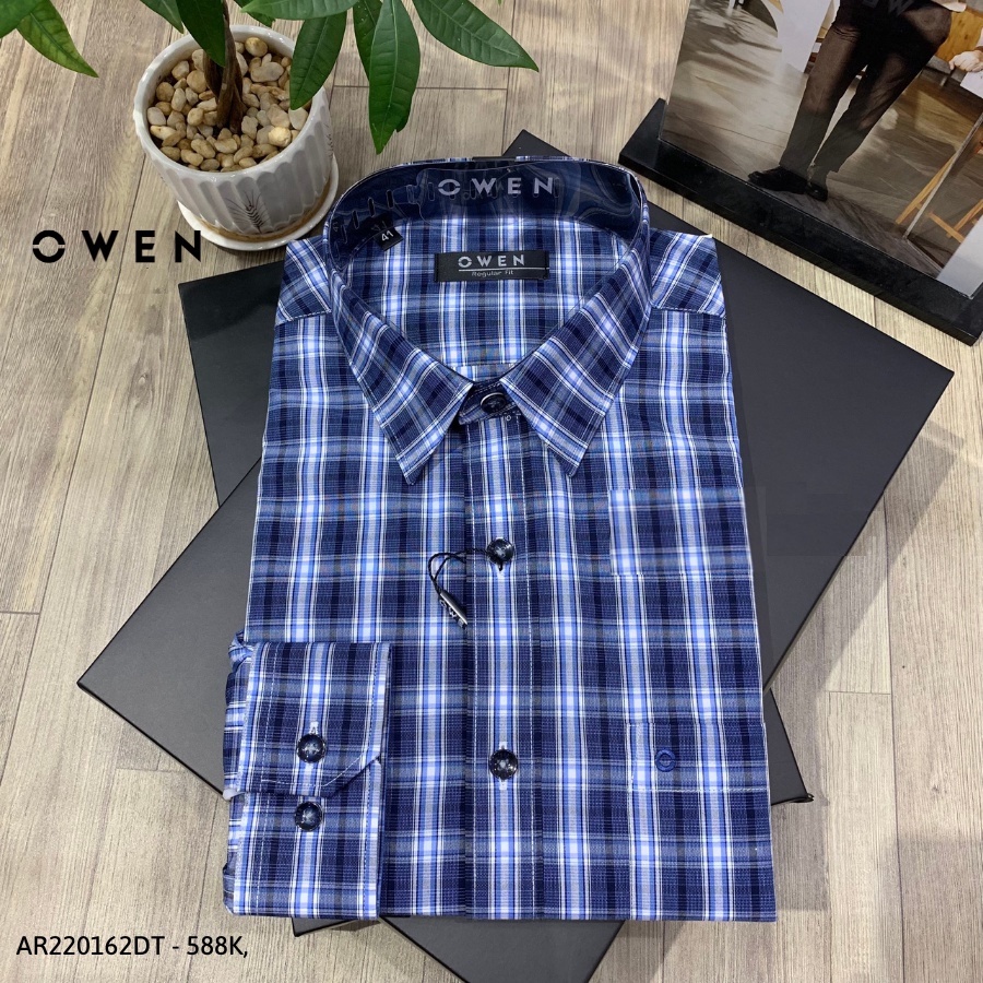 Áo Sơ Mi Nam Dài Tay OWEN AR220162DT Somi Công Sở Vải Sợi Tre Cao Cấp Màu Kẻ Caro Lớn Xanh Navy Trắng Dáng Suông Có Túi