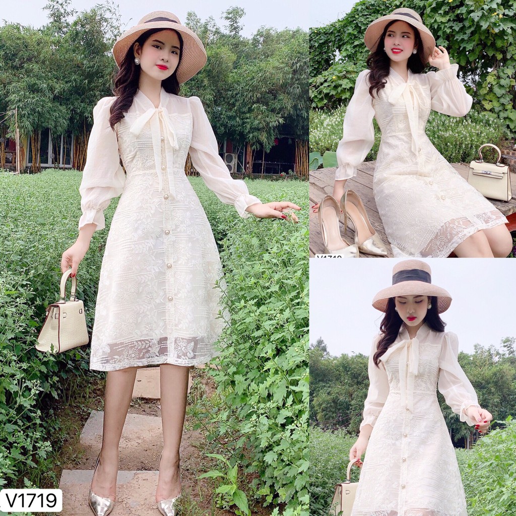 Váy ren xòe be nơ cổ V1719 - DVC Dolce Viva Colection Authentic ( Ảnh mẫu và ảnh trải sàn do shop tự chụp )