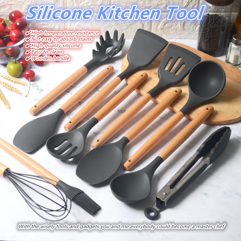 Dụng Cụ Nấu Ăn Bằng Silicone Tay Cầm Gỗ Cách Nhiệt Chống Dính Tiện Dụng