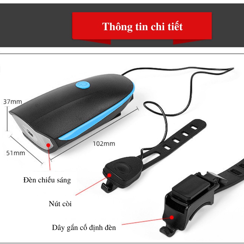 Đèn xe đạp led 3 chế độ siêu sáng còi to sạc USB chống nước tuyệt đối