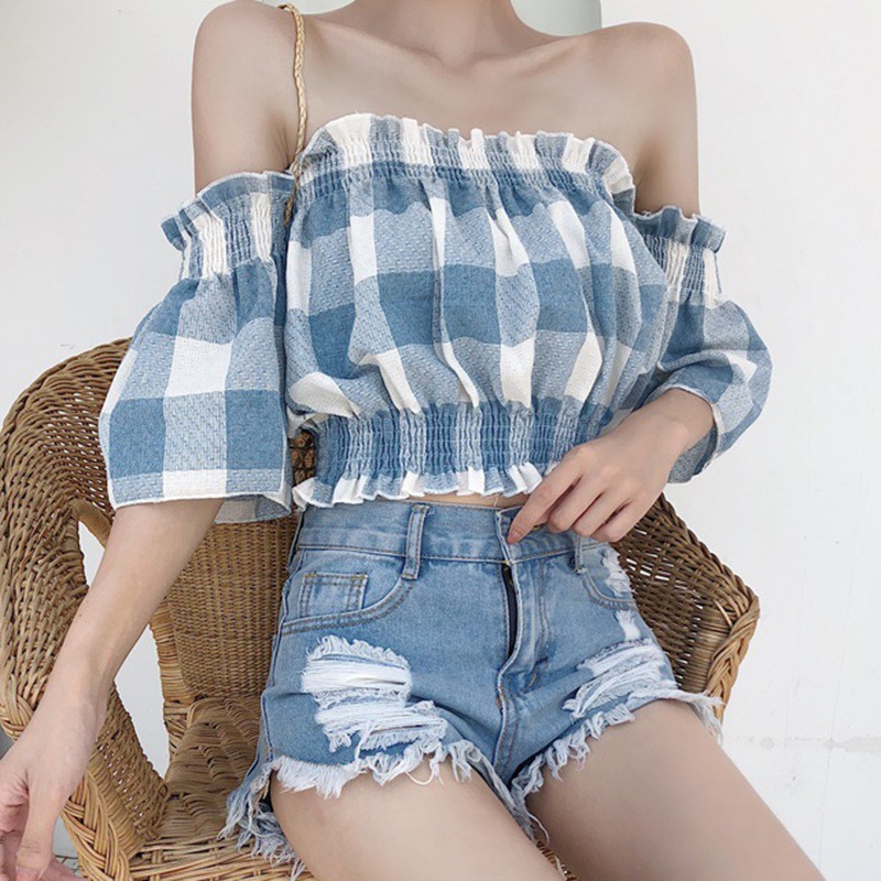 Áo croptop tay ngắn trễ vai họa tiết caro nữ tính gợi cảm cho nữ | BigBuy360 - bigbuy360.vn