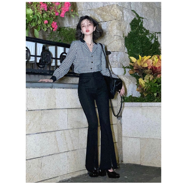 Áo Sơ Mi Chiffon Dài Tay Họa Tiết Houndstooth Phong Cách Retro Hong Kong Cho Nữ