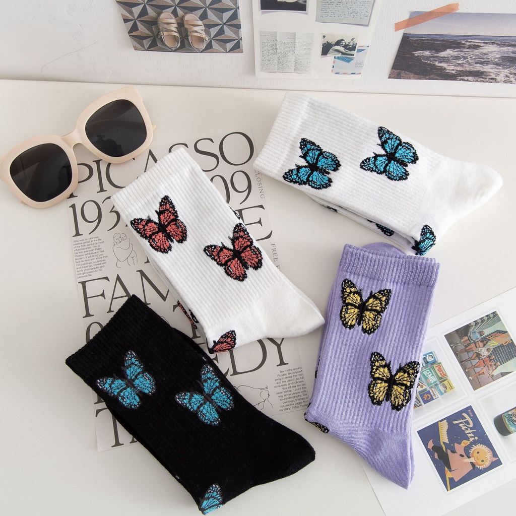Đôi tất cotton cổ cao hoạ tiết bướm phong cách harajuku cho nữ