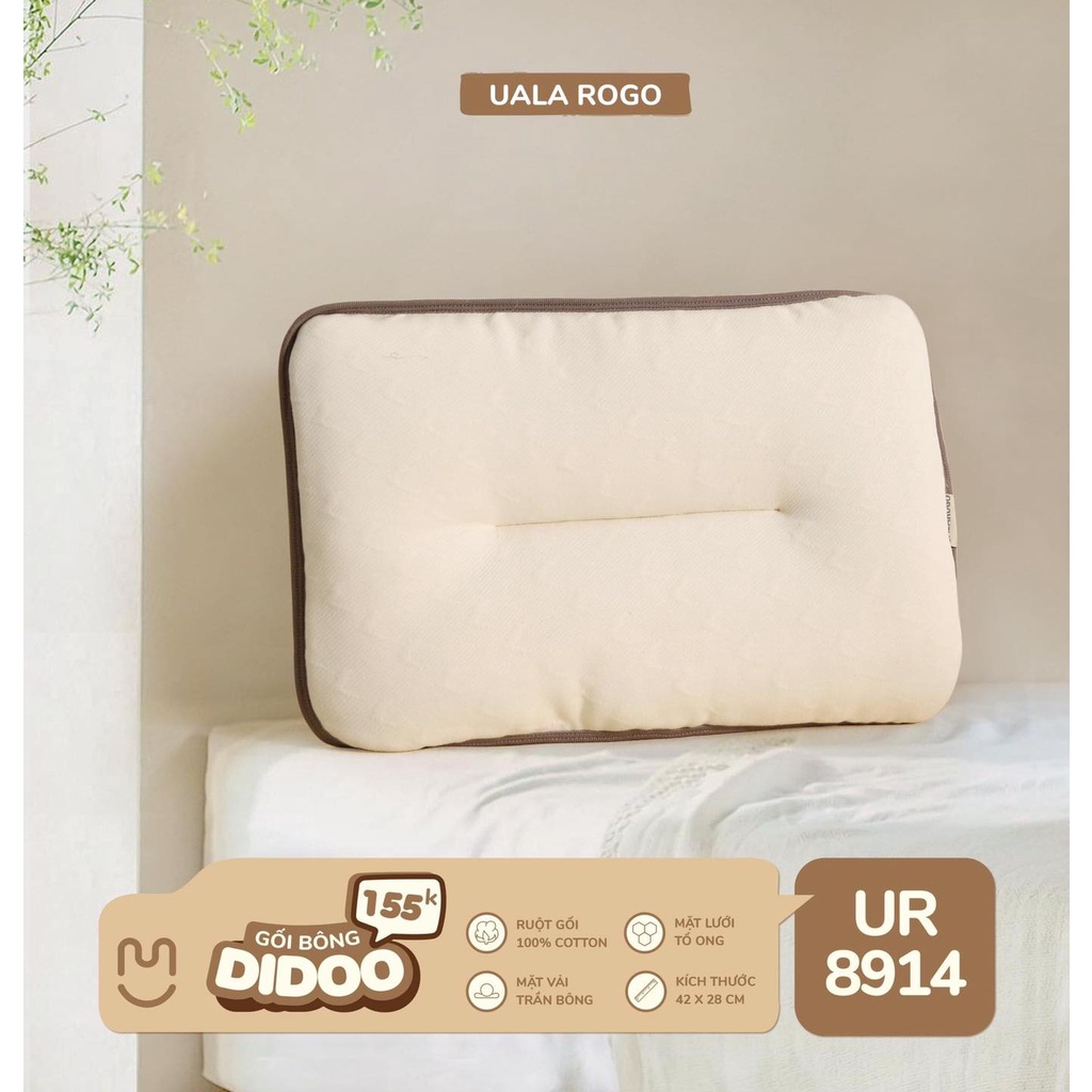 Gối bông Uala Rogo DIDOO ruột cotton vải trần bông mặt lưới tổ ông thoáng khí kháng khuẩn cho bé sơ sinh 42x28cm 8914