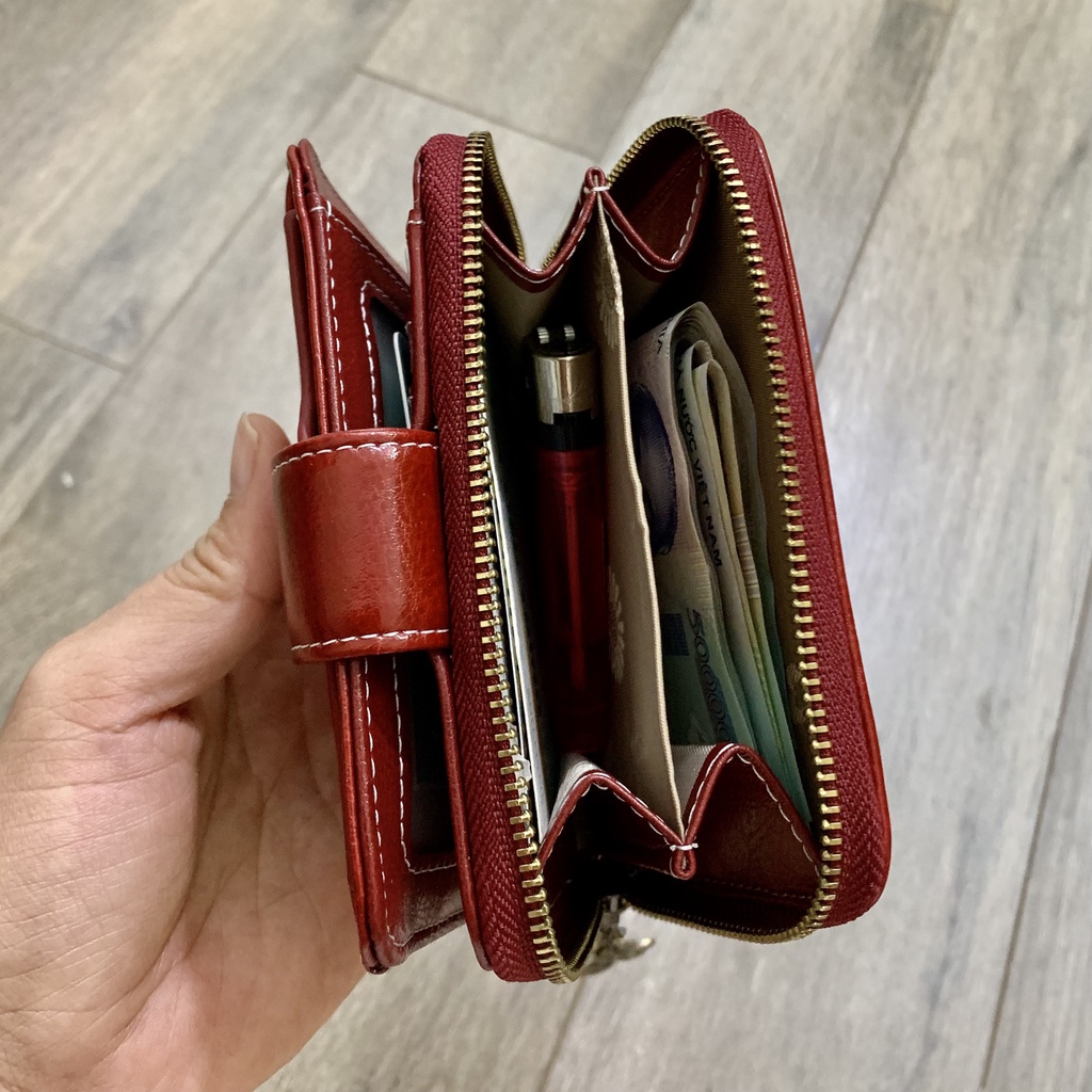 (Có clip + ảnh thật) Ví da nữ cao cấp khoá bấm cúc Daisy, ví gập bằng da dáng ngắn, nhiều ngăn