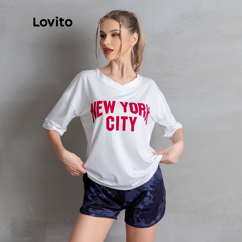 Áo thun Lovito cổ tròn V họa tiết in chữ cái kiểu dáng rộng rãi thời trang thường ngày L05106 (màu trắng) | BigBuy360 - bigbuy360.vn