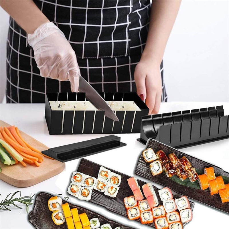 Bộ 11 mónkhuôn làm sushi kèm dao đen cao cấp, Dụng cụ cơm cuộn rong biển cao cấp và an toàn, bền đẹp