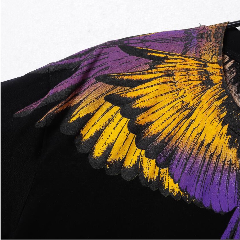 Áo Thun Cotton Đen Tay Ngắn In Hình Đôi Cánh Chim Vẹt Màu Xanh Dương Và Vàng Thời Trang