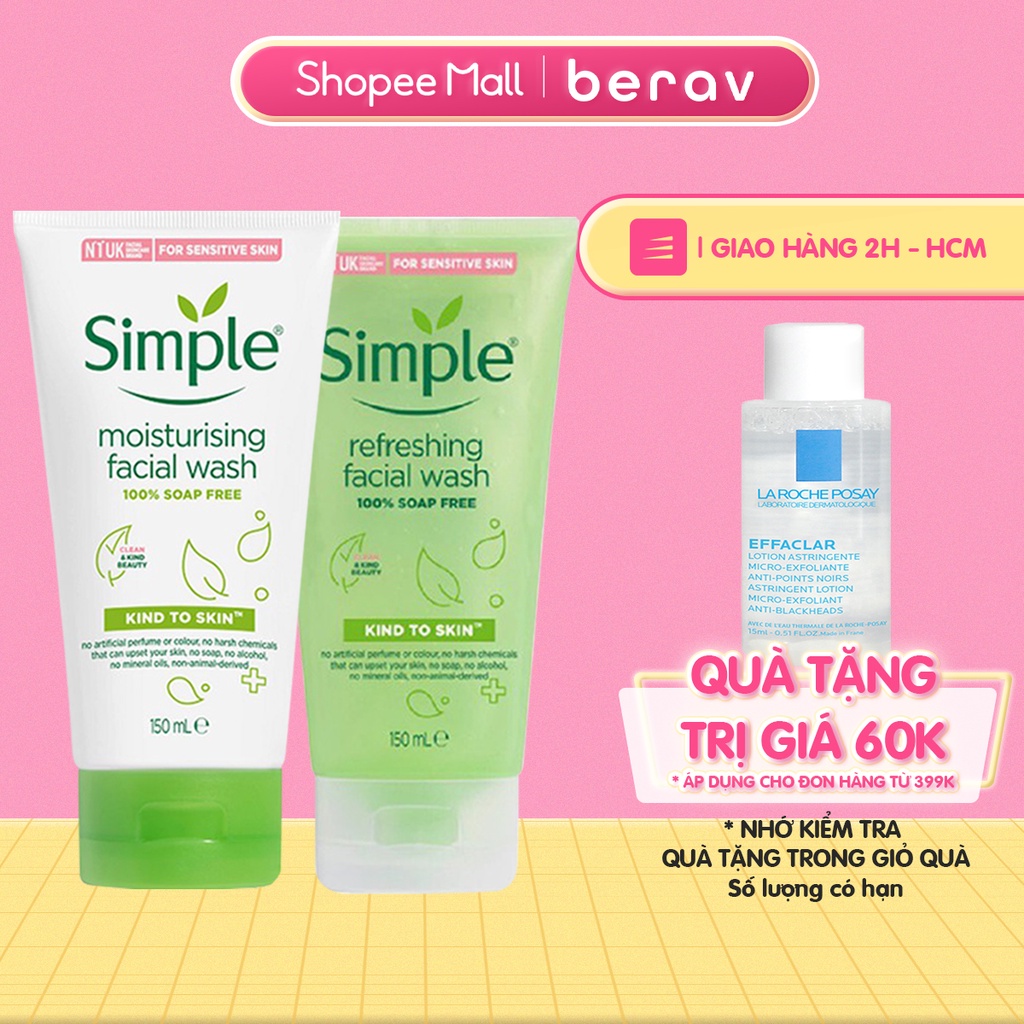 Sữa Rửa Mặt SIMPLE Dạng Gel Kind To Skin Facial Wash Làm Sạch Da, Dưỡng Ẩm và Kiềm Dầu 150ml