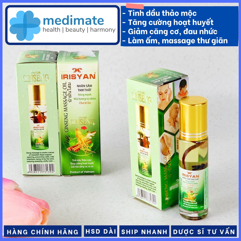 Dầu Nhân Sâm Tam Thất IRISYAN chai bi lăn nóng mạnh, mùi thơm tự nhiên (chai 9ml)