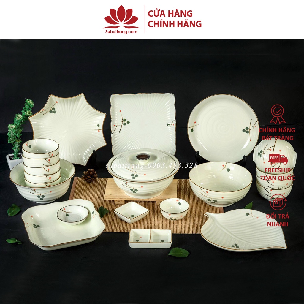 Bộ bát đĩa, bộ đồ ăn gia đình men kem sứ Bát Tràng vẽ họa tiết chấm bi