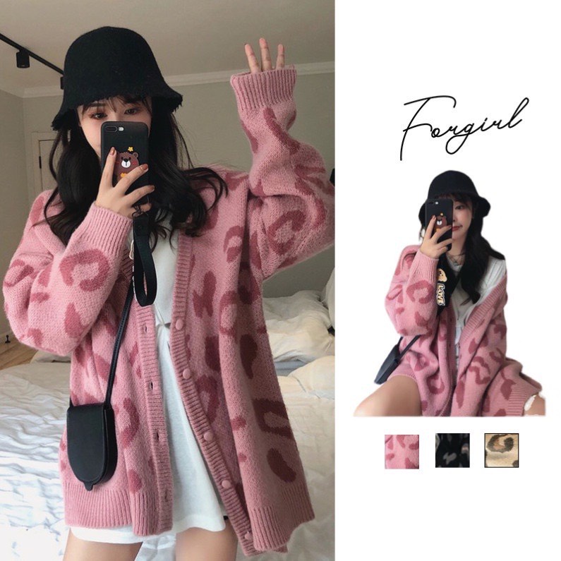 Áo Cardigan Len họa tiết da báo dáng Hàn,Áo khoác ngoài len nữ.