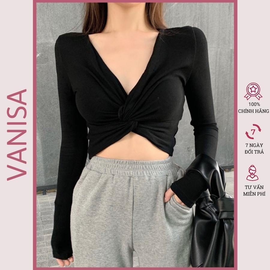 Áo croptop nữ tay dài bigsize ôm body cổ v kiểu len tăm đẹp siêu xinh VANISA CT052