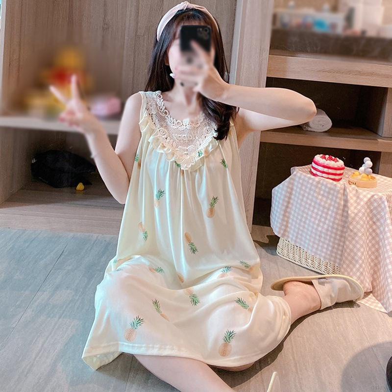 đồ ngủ Không Tay Phối Ren In Họa Tiết Hoạt Hình Phong Cách Hàn Quốc Thời Trang Mùa Hè