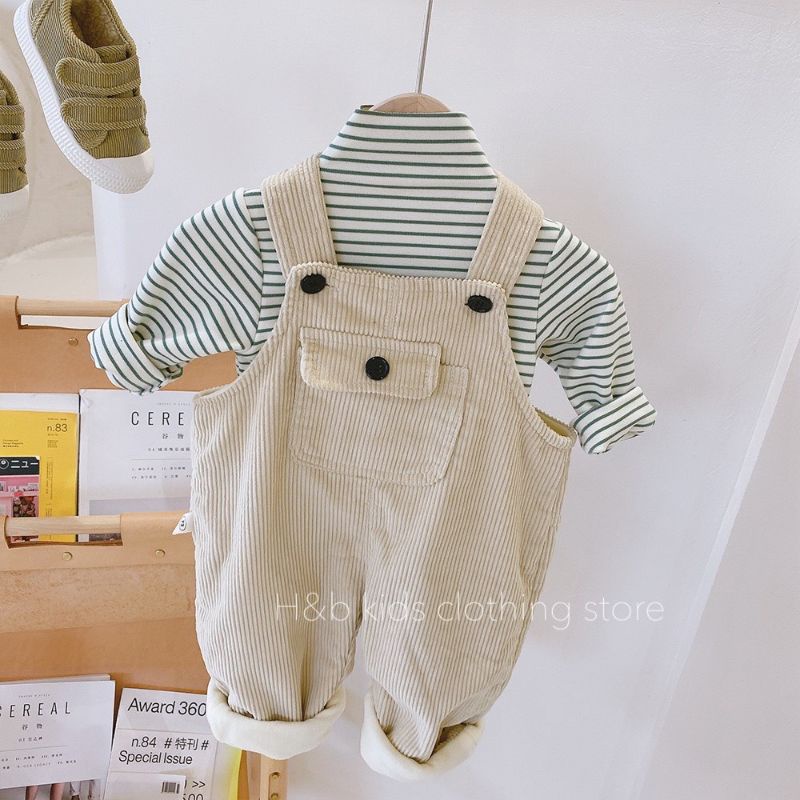Yếm nhung tăm phối áo kẻ zip hàn siêu cute cho bé yêu