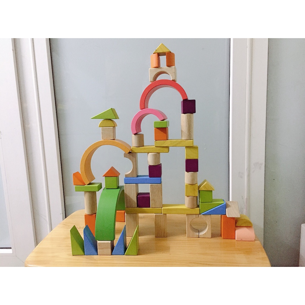 Đồ chơi gỗ - Bộ xếp hình xây dựng 54 hình khối cho bé sáng tạo tặng kèm sách hướng dẫn xếp