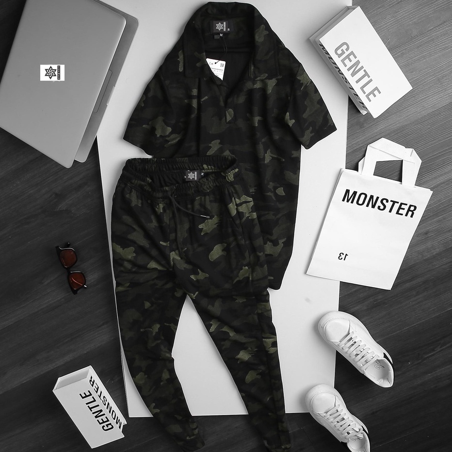 Bộ Đồ Thể Thao Nam Cộc Tay Cổ Bẻ Cotton In Hoạ Tiết Rằn Ri Thấm Hút Mồ Hôi Co Giãn Tốt