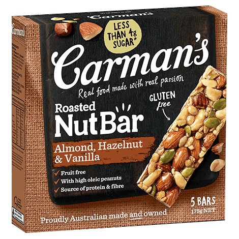Thanh Hạt Carman's Nut Bar Almond Hazelnut &amp; Vanilla - Hạnh Nhân, Hạt Phỉ &amp; Vanilla - Hộp 175g