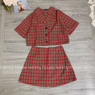 Set áo sơ mi croptop kèm chân váy ( hình thật ) 💛