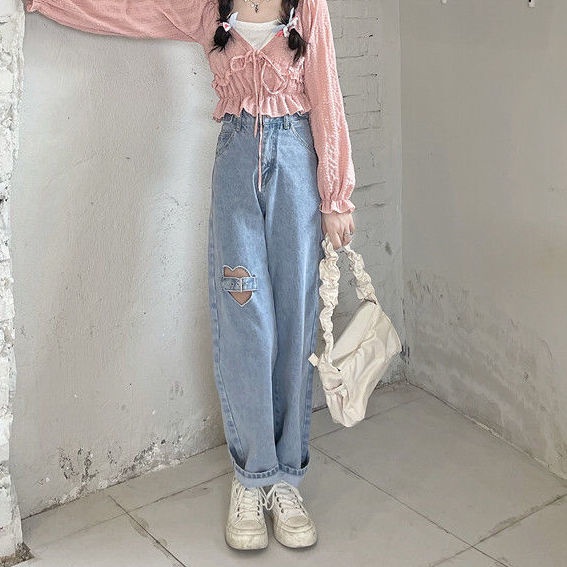 Quần jeans dài ống suông rách đùi cách điệu hình trái tim phong cách thời trang | BigBuy360 - bigbuy360.vn