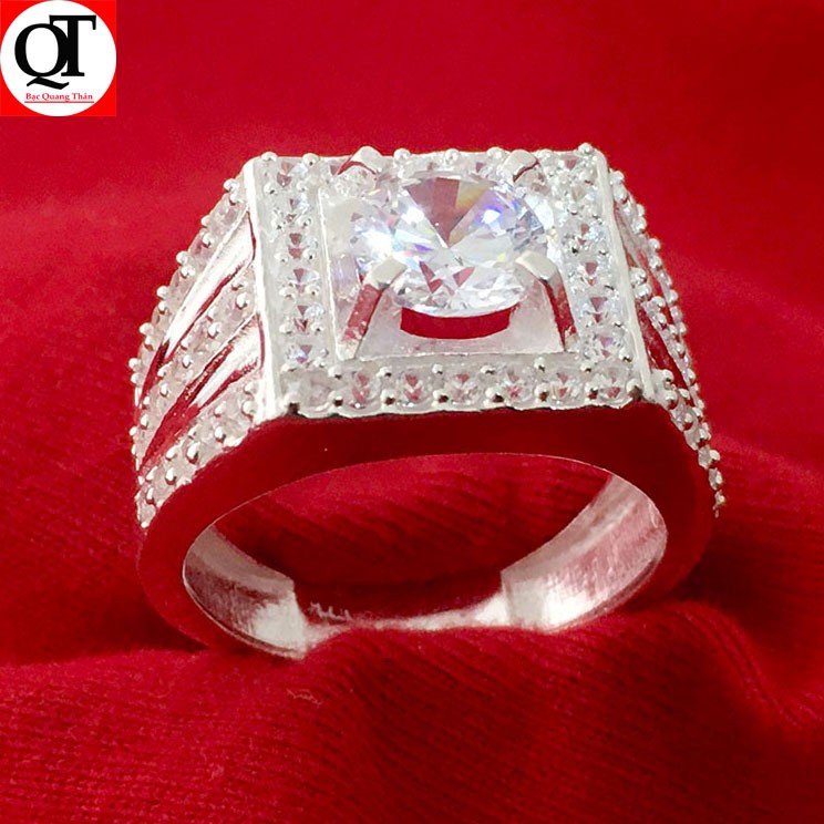 Nhẫn bạc nam Bạc Quang Thản phong cách Hàn Quốc ổ cao gắn kim cương nhân tạo 6 ly ...