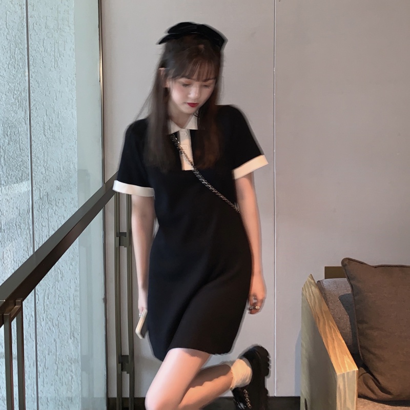 Đầm ZHELIHANGFEI dệt kim tay ngắn cổ polo phối màu trẻ trung cho nữ