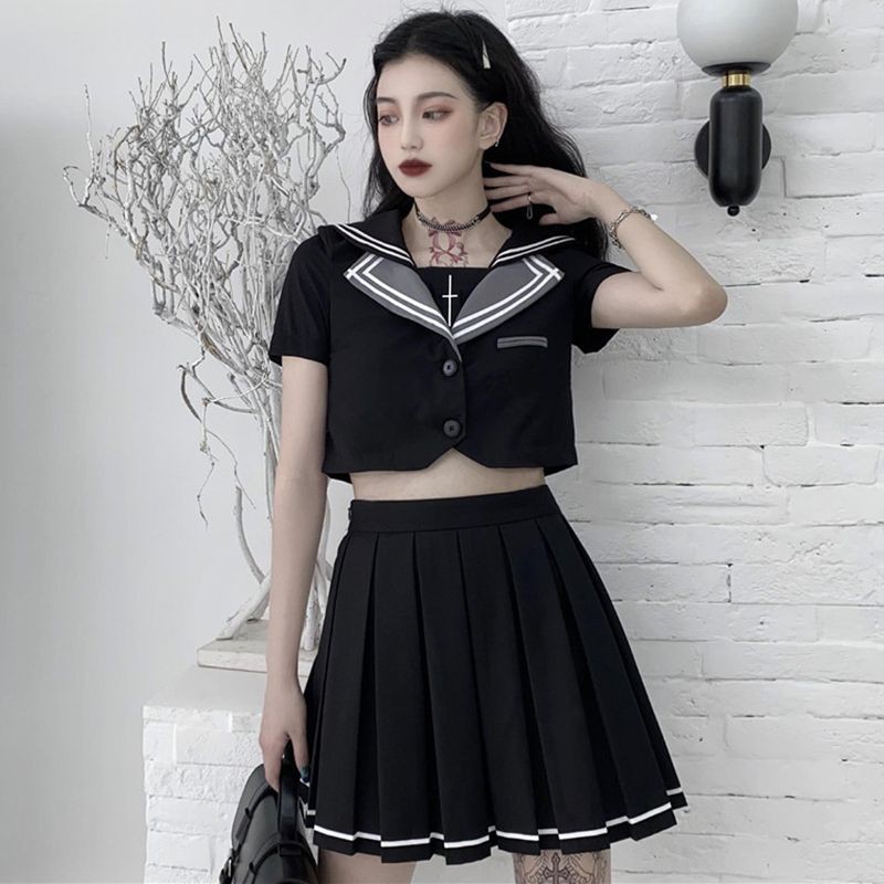 [Có Ảnh Thật - Order] (G7) Set váy sơ mi Thánh Giá Gothic Lolita. Sơ mi thủy thủ màu đen + Chân váy xếp ly kẻ trắng