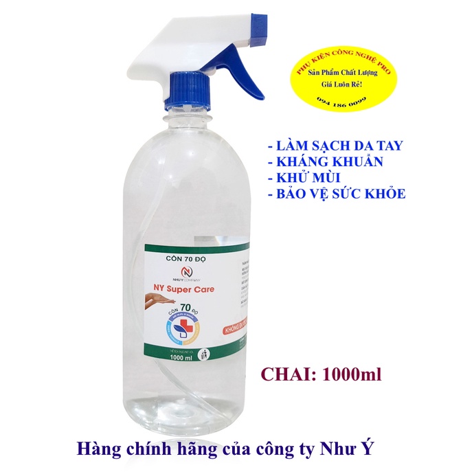 CỒN 70 ĐỘ NY Super Care Chai 1000ml Có vòi xịt Làm sạch da tay Kháng khuẩn Khử mùi Bảo vệ sức khỏe Sx tại cty Như Ý