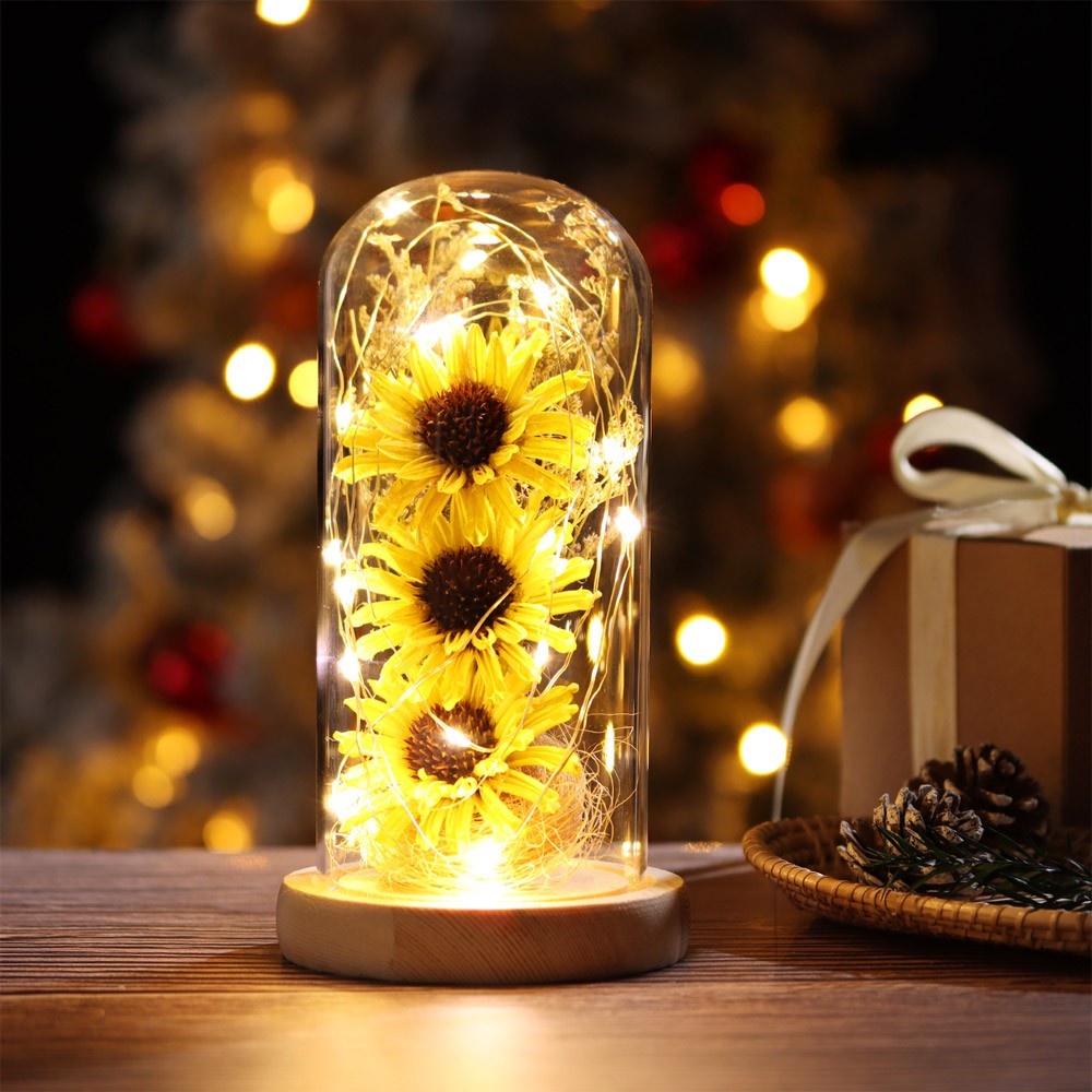 TEAK Romantic Sunflower in Glass Gifts for Women Home Decor Flower With LED Anniversary Birthday Party Favors Fashion Wedding Supplies Handcraft/Multicolor