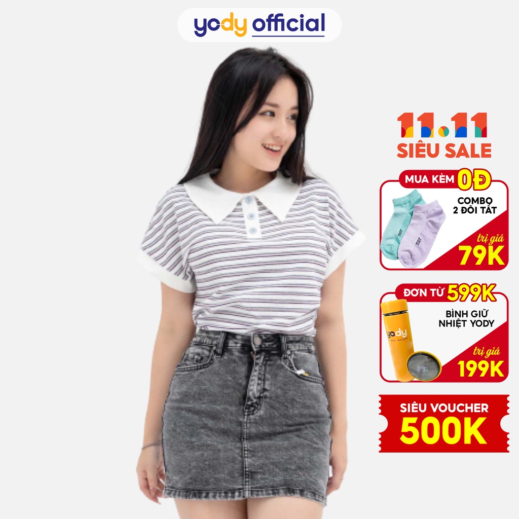 [Mã WABRYD1111 giảm 10% đơn 250K] Áo Polo Yody nữ liền tay kẻ ngang APN3758