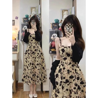 Set Váy 2 Dây Hoa đen Có Mút Ngực Mix Áo Cardigan Khoác Ngoài Đen kèm ảnh thật, Đầm hoa nhí hot nhất 2022 hàn quốc