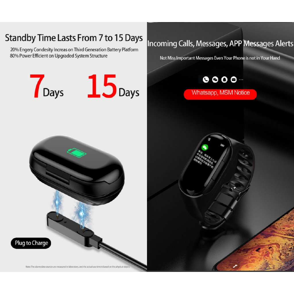 Hexu 2in1 M1 TWS Wireless Bluetooth 5.0 Earphone Stereo Sports Earbuds Fashion Smart Watch Bracelet with Heart Rate Pedometer Date Calorie Message Notification Display