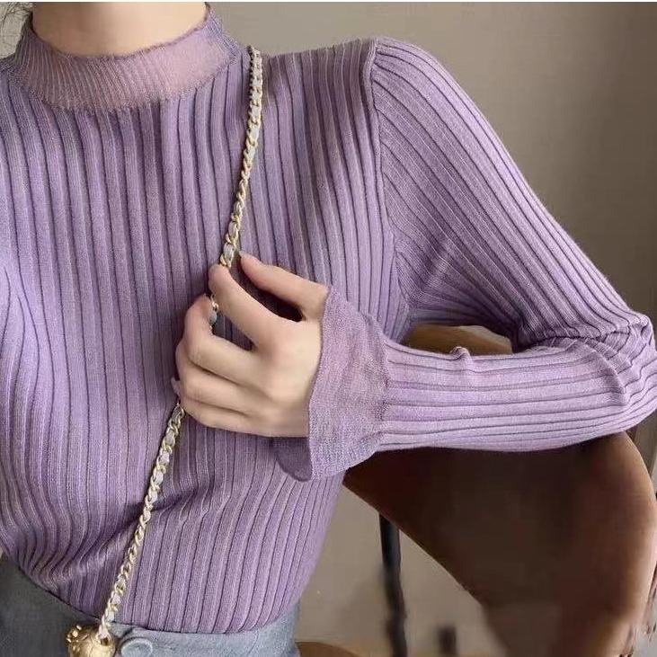 Áo len cổ lọ tay dài phối lưới thời trang thu đông mới thanh lịch cho nữ