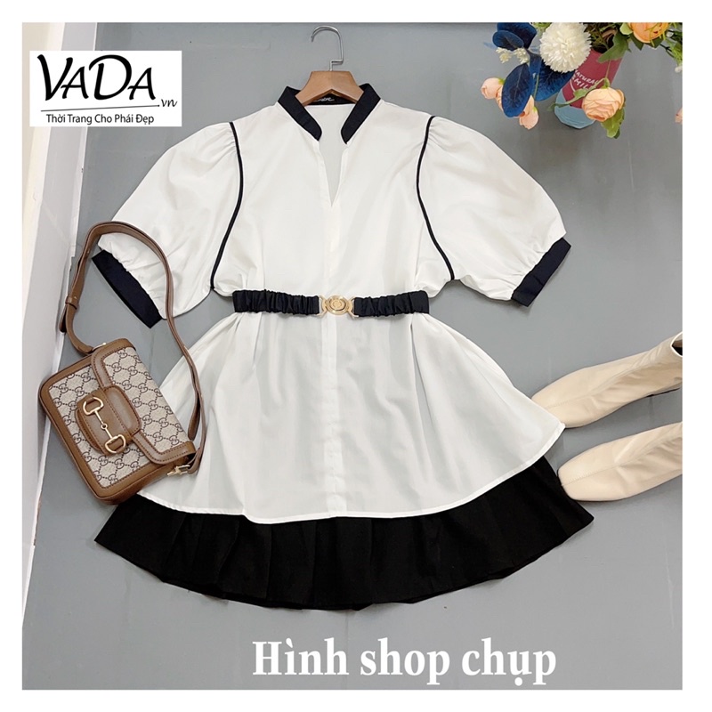 Áo sơ mi kiểu phối kèm dây eo 2 màu Trắng Đen đi làm ,dạo phố xinh xắn -Thời Trang VADA (phối ) | BigBuy360 - bigbuy360.vn