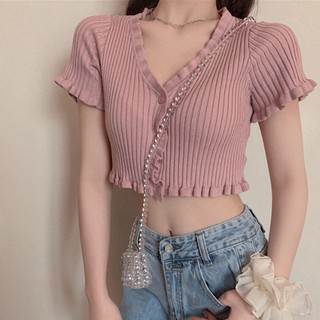 (A58) áo crop top len ulzzang cổ v(có sẵn )