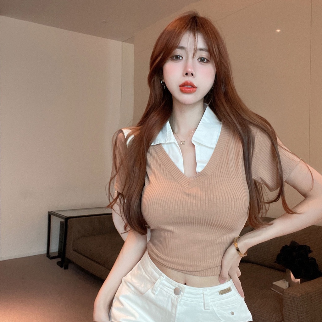 Áo dệt kim ZHELIHANGFEI tay ngắn cổ chữ V giả hai lớp thời trang cá tính cho nữ