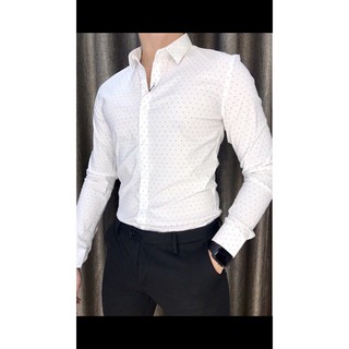 Áo sơ mi dài tay cổ đức hoạ tiết chấm bi
