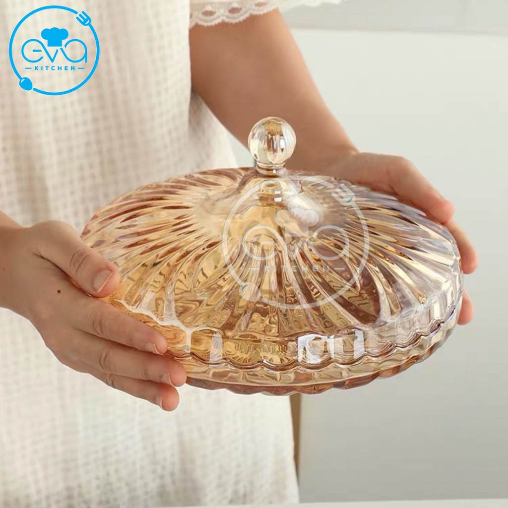 Khay Đựng Mứt Thuỷ Tinh Pha Lê Vàng Chia Ngăn Hoạ Tiết Đuôi Cong Ánh Vàng Cao Cấp / Thố Mứt Tết 510-9C M3174