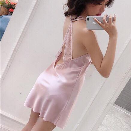 Dưới 60kg[LL190] Đầm ngủ sexy - Váy ngủ satin lụa hai dây hở lưng phối ren cao cấp quyến rũ | BigBuy360 - bigbuy360.vn