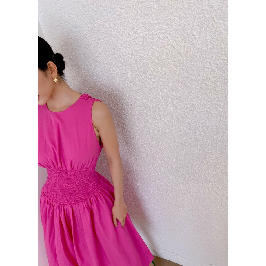 Váy Xoè Nhún Eo Cổ Tròn Hở Lưng Dây Đan Chéo,Đầm Dự Tiệc Thiết Kế Form Chuẩn Cao Cấp - MIRA Fashion