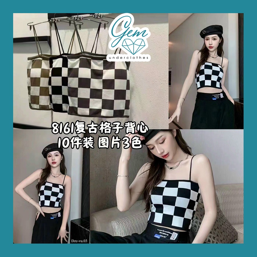 Áo bra hai dây croptop nữ kẻ ô caro đen trắng có mút ngực siêu xinh Gem Lin