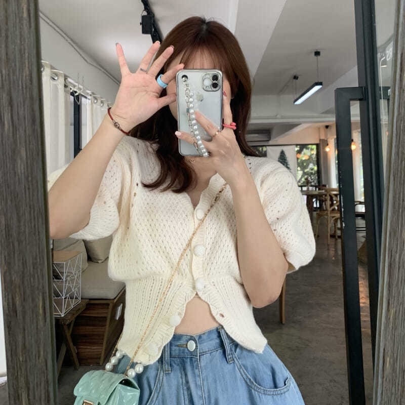 Áo Cardigan Dệt Kim Tay Phồng Cổ Chữ V Dáng Ôm Thời Trang Mùa Hè Cho Nữ