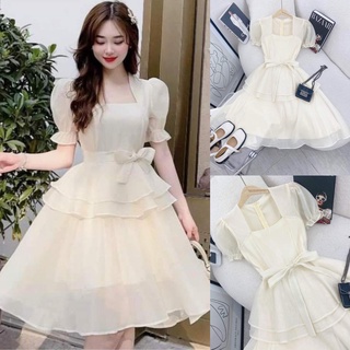 Đầm Váy Nữ Xoè Chất Tơ Ánh Kim Tay Phồng Cổ Vuông Xếp Ly Tầng (Có Mút Ngực) Thiết Kế Sang Chảnh Đi Làm Công Sở, Đi Tiệc