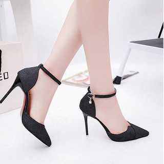 Giày bít mũi kim tuyến Đen gót nhọn 7p - Có ảnh thật